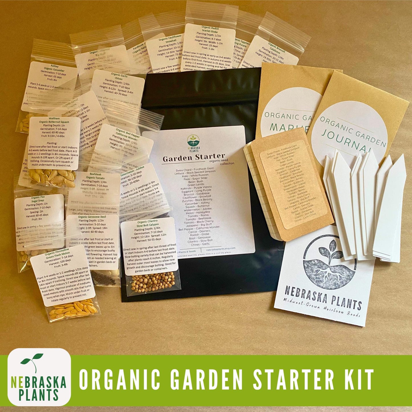 Organic Garden Starter Kit - 25 Organic Heirloom Seed Varieties + Plant Markers and Gardening Journal - Nebraska Seeds