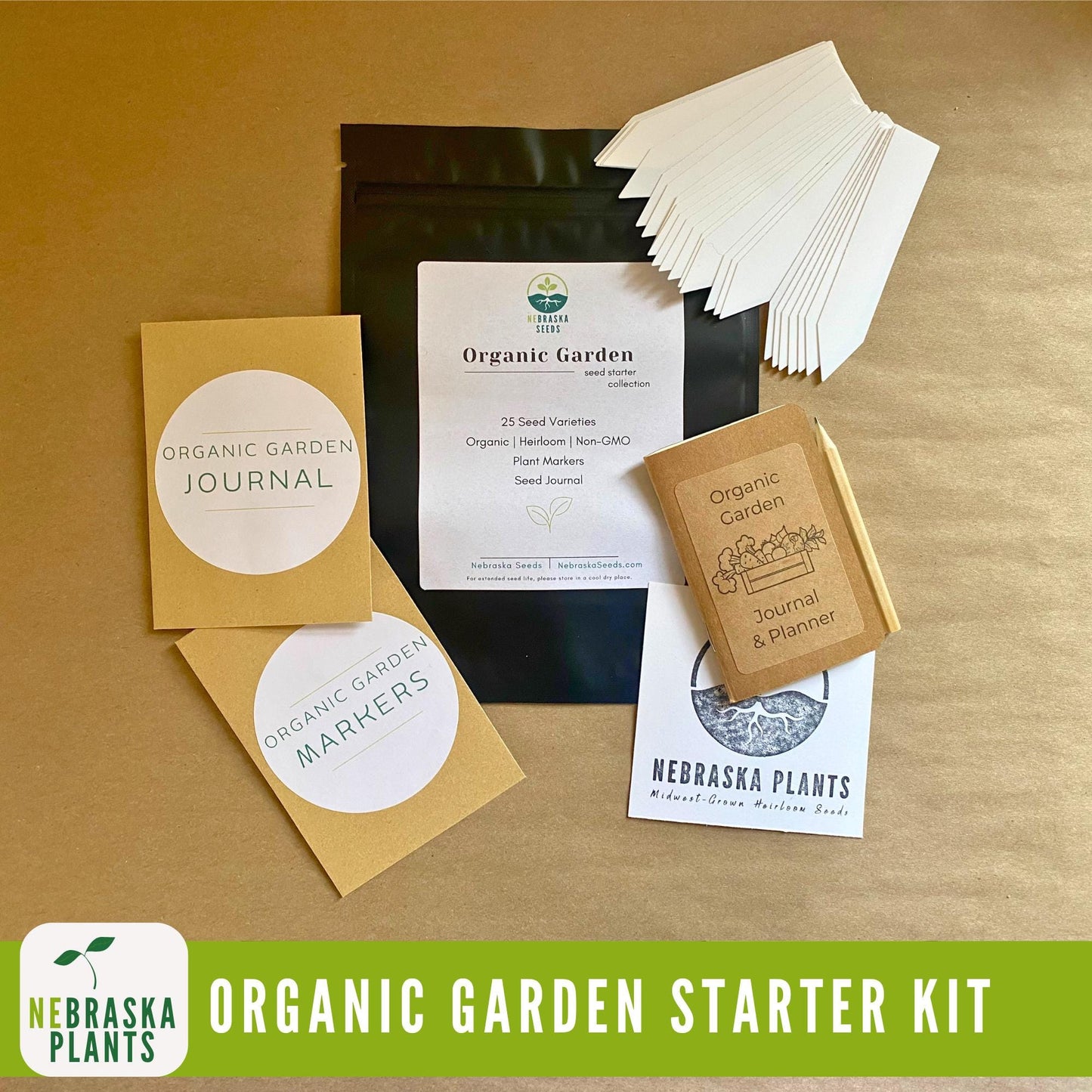 Organic Garden Starter Kit - 25 Organic Heirloom Seed Varieties + Plant Markers and Gardening Journal - Nebraska Seeds