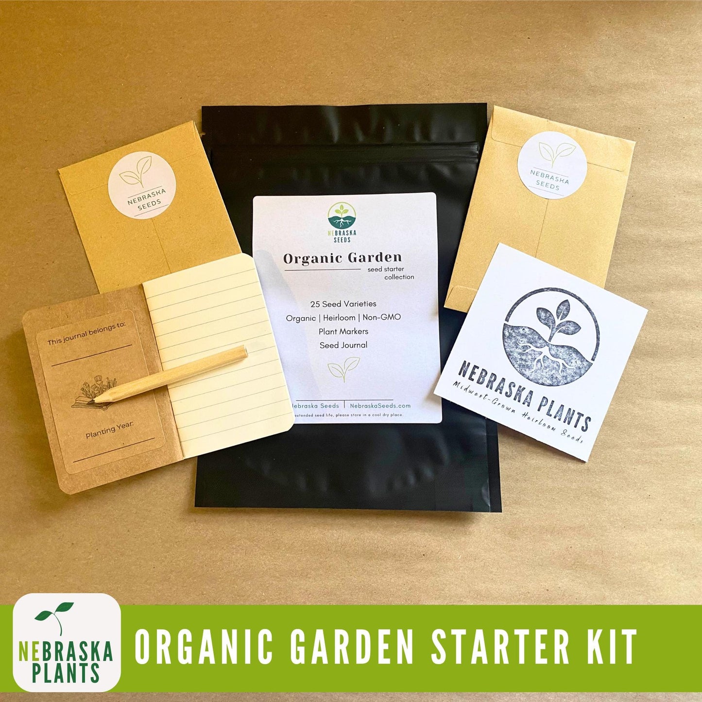 Organic Garden Starter Kit - 25 Organic Heirloom Seed Varieties + Plant Markers and Gardening Journal - Nebraska Seeds