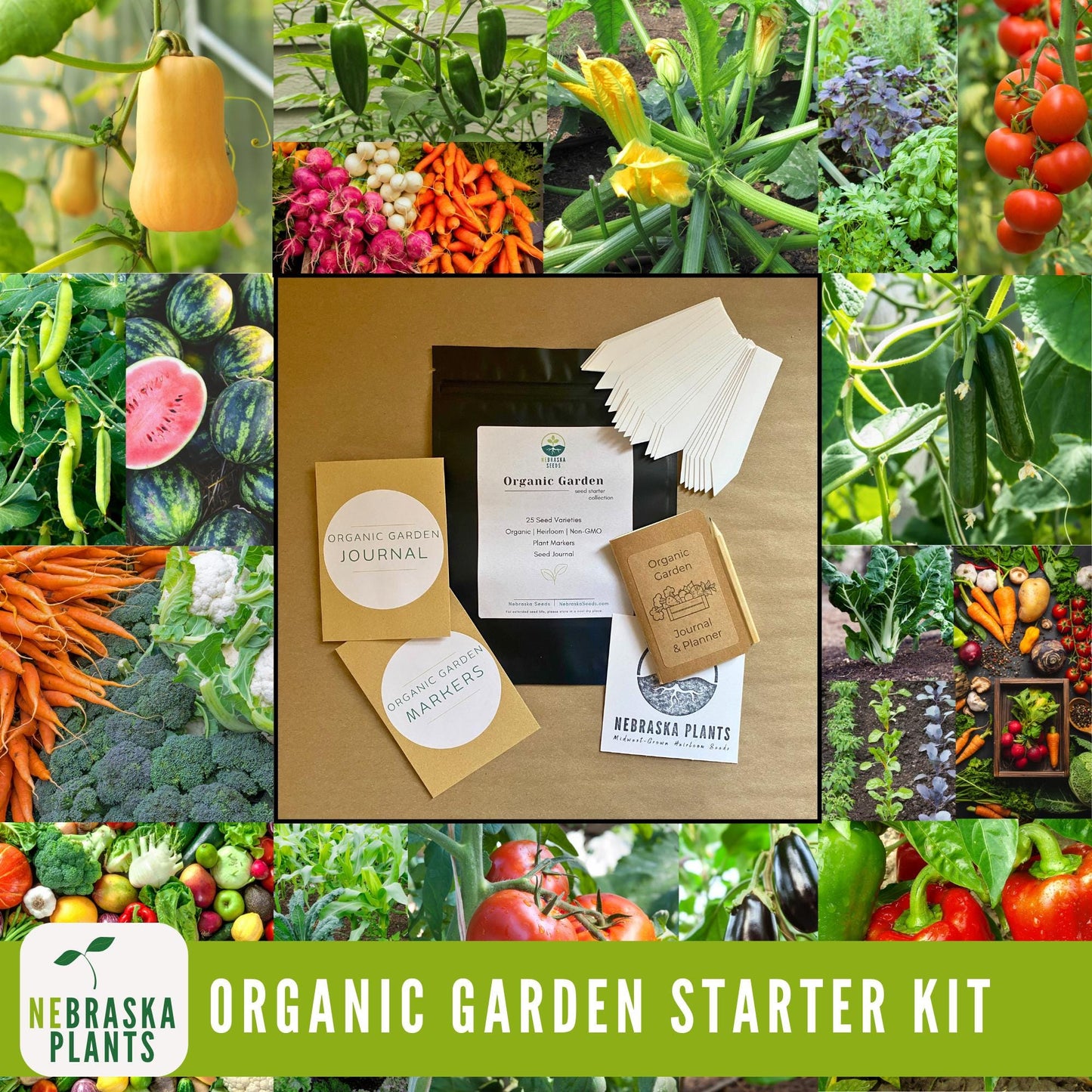 Organic Garden Starter Kit - 25 Organic Heirloom Seed Varieties + Plant Markers and Gardening Journal - Nebraska Seeds