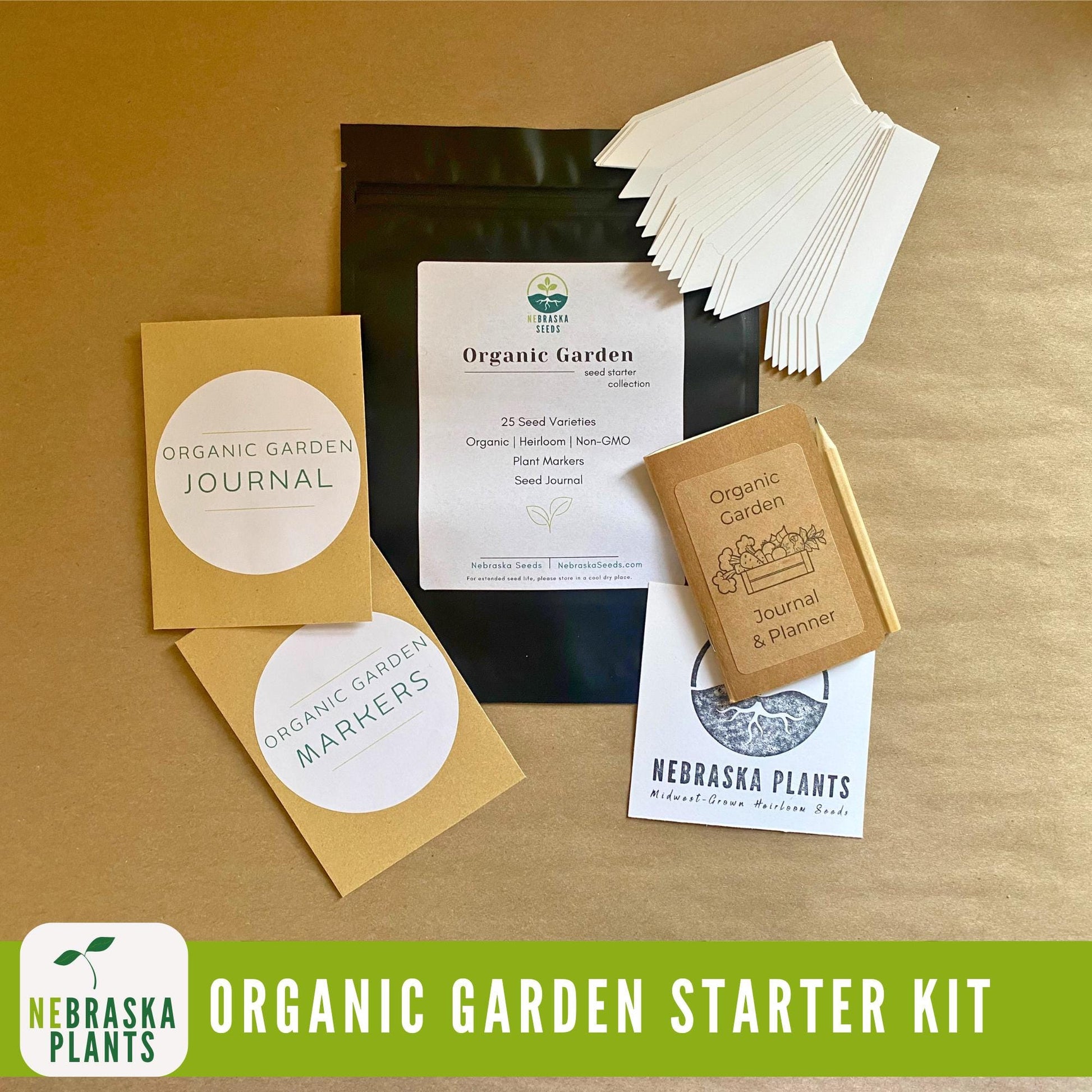 Organic Garden Starter Kit - 25 Organic Heirloom Seed Varieties + Plant Markers and Gardening Journal - Nebraska Seeds